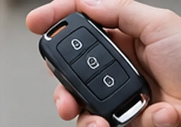 Funkschlüssel in einer Hand vor einem Auto