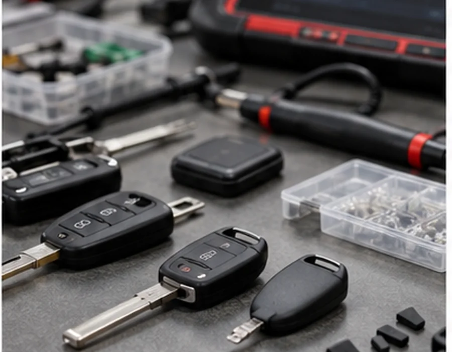 Werkbank mit Autoschlüsseln und Werkzeug für Reparaturen
